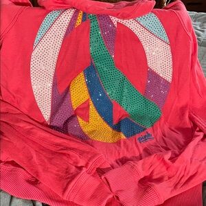 PINK Zip up Lg Hoodie and Pants w/Colorful Peace Sign’ gently used’